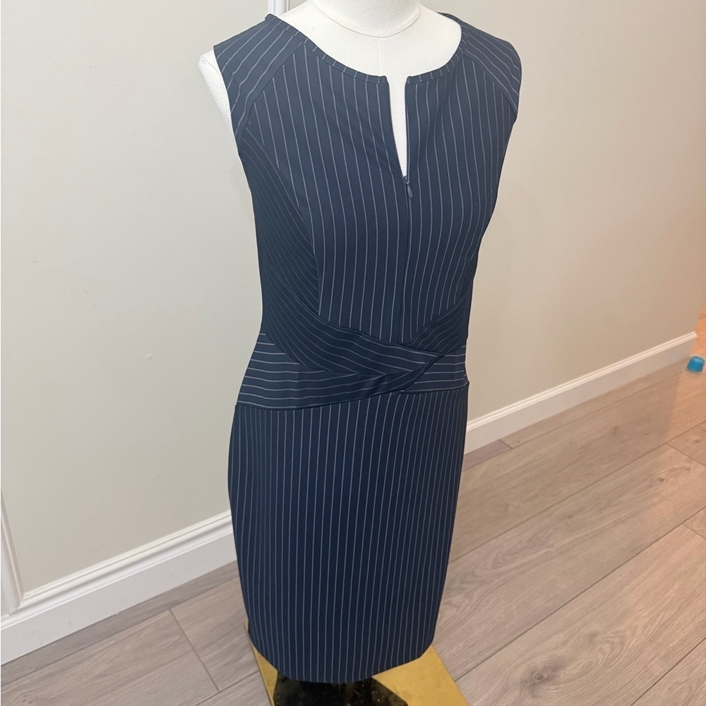 Sophisticated Navy Pinstripe Midi Dress - Picture 6 of 12